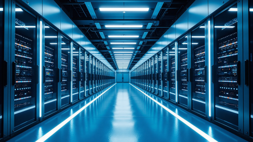 Modern data center interior with organized server racks, blue indicator lights, technicians monitoring equipment status