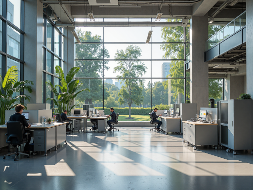 Modern office environment with open workstations, employees collaborating on projects, well-lit interior space