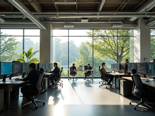 Modern office environment with collaborative workspaces, employees working on computers and discussing projects, bright natural lighting