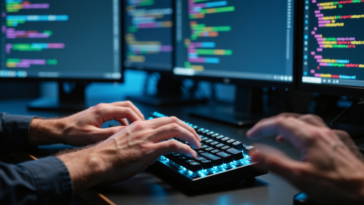 Software developers working on computer screens showing code interfaces, focused programming work environment