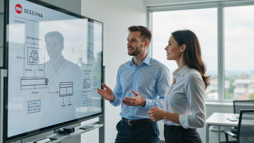 Technical support engineer demonstrating system operations to client, both in conference room with screen displaying interface